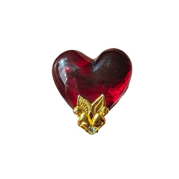 Vintage Givenchy Cherub Lucite Heart Brooch Jewelry RARE Rhinestone Pin Gold Red - Picture 3 of 14
